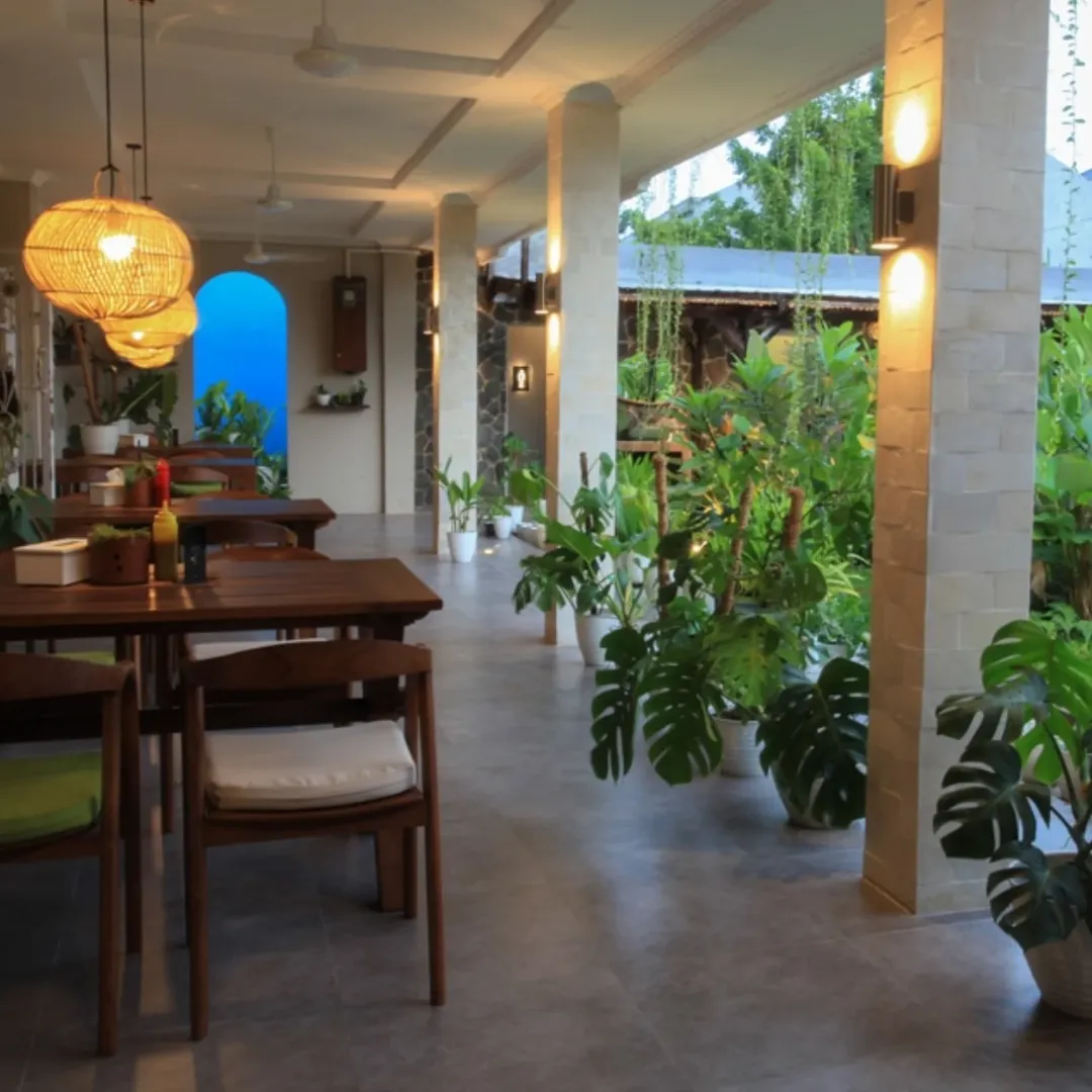 Suasana 5oUs Steakhouse Pekanbaru — interior hangat dengan tanaman hijau dan lampu rotan